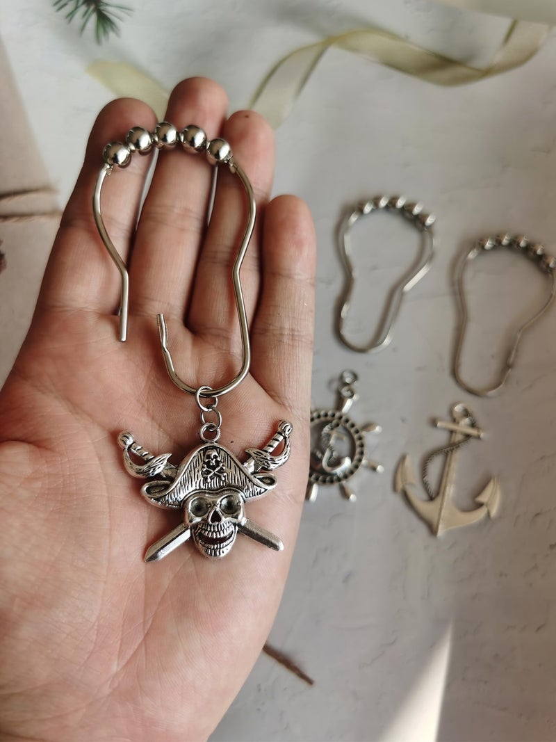 Aimoye Nautical Shower Curtain Hooks Rings - Pirate Skull Anchor Rudder Decorative Bathroom Accessories Set, Silver Metal Shower Hooks for Shower Curtain, Tropical Ocean Beach Sea Theme Bathroom Decor - Image 2